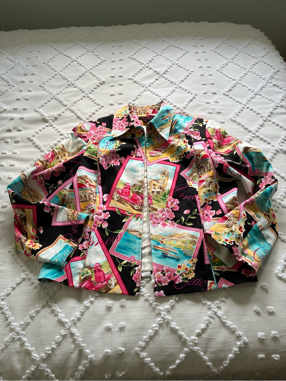 Simon Chang Scenic Floral Button-Front Jacket - Black, Pink, Turquoise